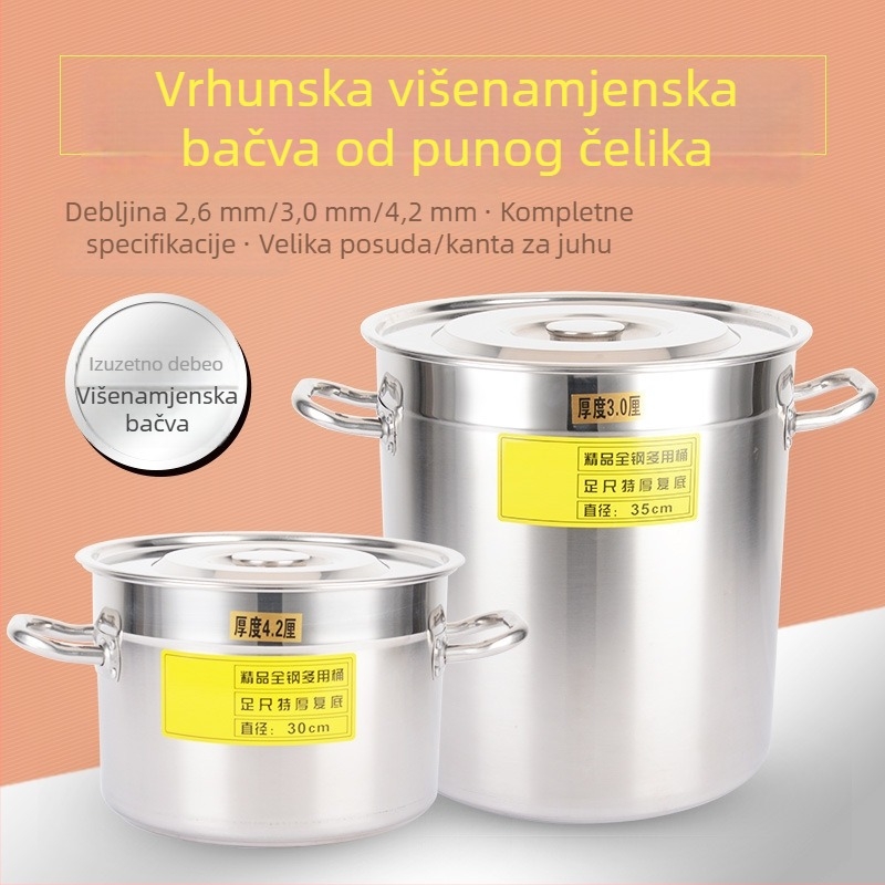 Nehrđajući čelični lonac za juhu, velik kapacitet, debeli zidovi, poklopac, dvije ručke, okruglog oblika