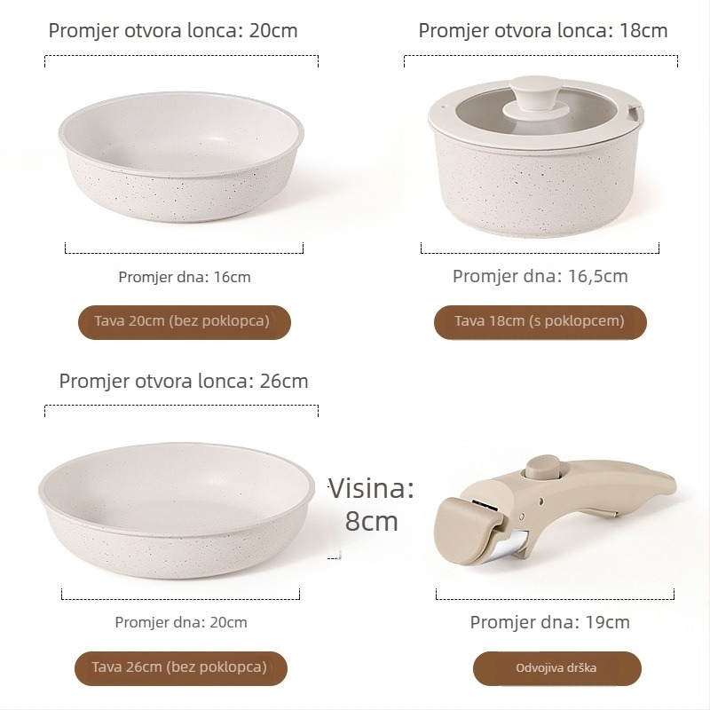 Set posuđa s odvojivom drškom – neprijanjajući wok, tava, lonac za juhu i posude, cjeloviti kuhinjski set