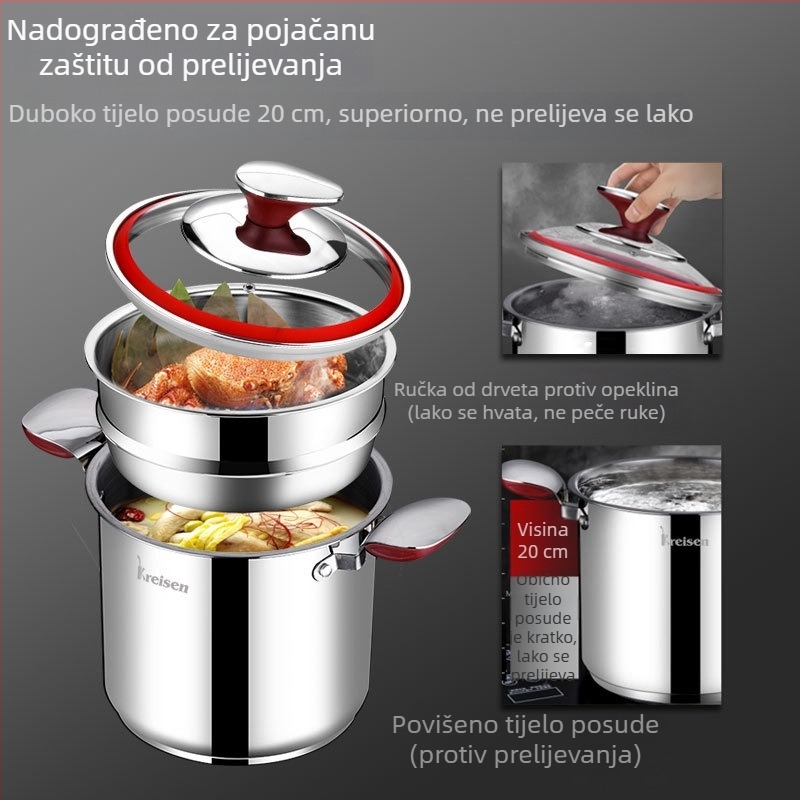 Lexon lonac za juhu od nehrđajućeg čelika 304, s dvostrukim dnom, uspravno visokim tijelom, rešetka za paru, kompatibilan s indukcijskom pločom i plinskim štednjakom