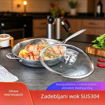 Tiganj od nehrđajućeg čelika 304 s ravnim dnom, trostruko dno, stakleni poklopac, neprijanjajući, veličina 32–34/36 cm
