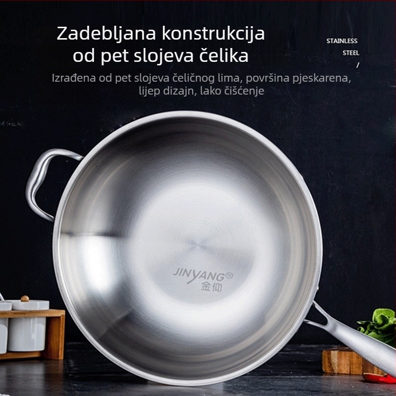Tiganj od nehrđajućeg čelika 304 s ravnim dnom, trostruko dno, stakleni poklopac, neprijanjajući, veličina 32–34/36 cm