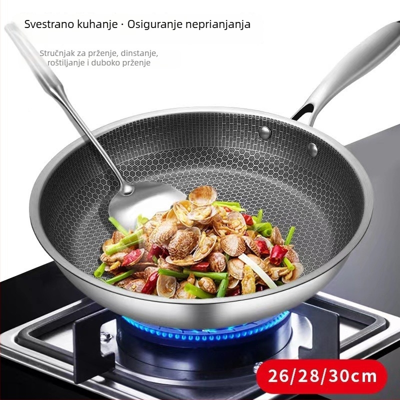 Wok od nehrđajućeg čelika s uzorkom honeycomb, plosno dno, jedna ručka, neprijanjajući, pogodna za plinske i indukcijske ploče, za steak