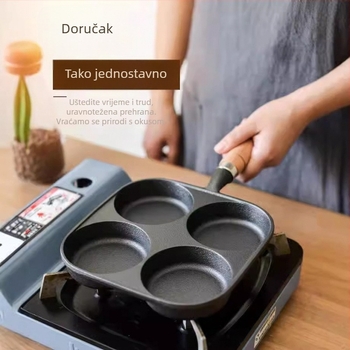Litinasti tiganj s četiri otvora za omletu i kalupom za jaja-hamburger, bez premaza, otporan na lijepljenje, pogodan za plin i indukcijsku ploču