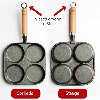 Litinasti tiganj s četiri otvora za omletu i kalupom za jaja-hamburger, bez premaza, otporan na lijepljenje, pogodan za plin i indukcijsku ploču