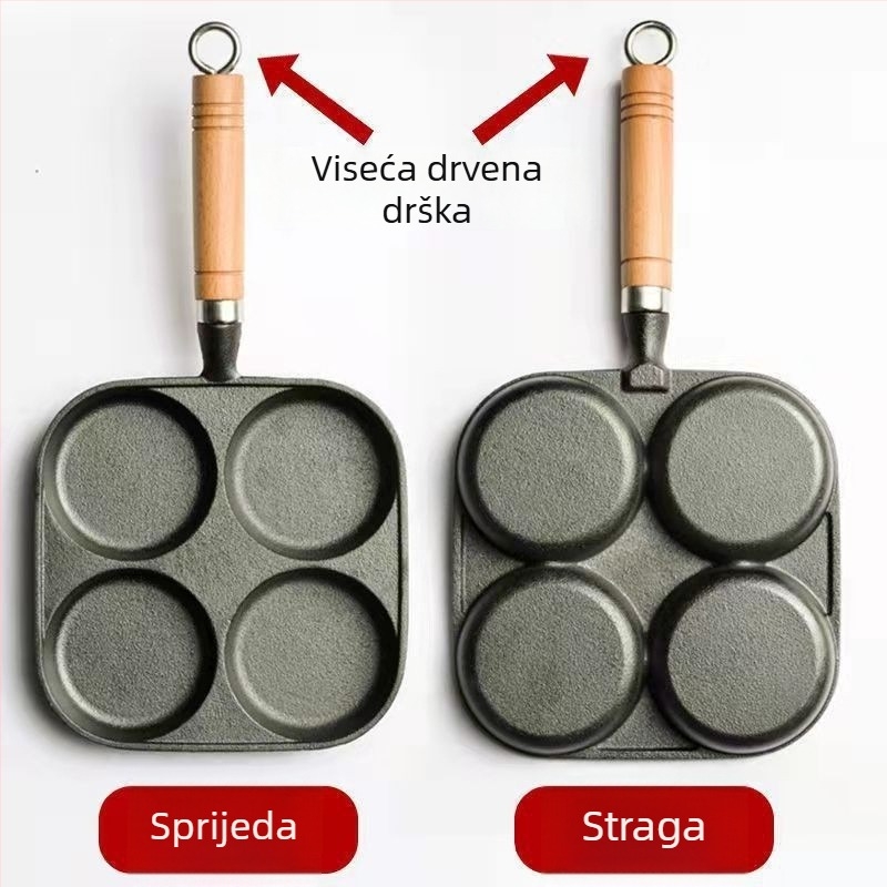 Litinasti tiganj s četiri otvora za omletu i kalupom za jaja-hamburger, bez premaza, otporan na lijepljenje, pogodan za plin i indukcijsku ploču