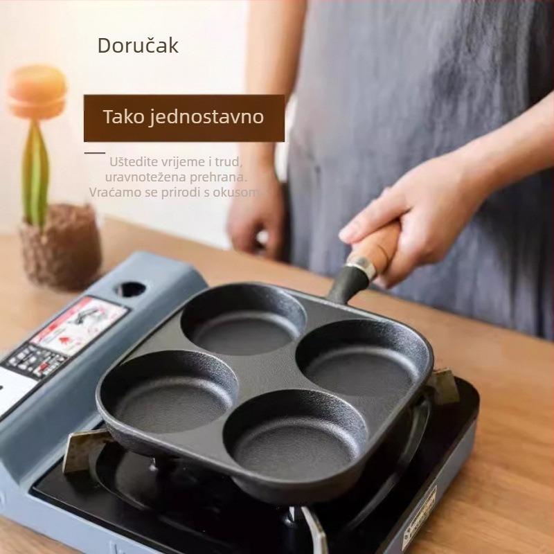 Litinasti tiganj s četiri otvora za omletu i kalupom za jaja-hamburger, bez premaza, otporan na lijepljenje, pogodan za plin i indukcijsku ploču