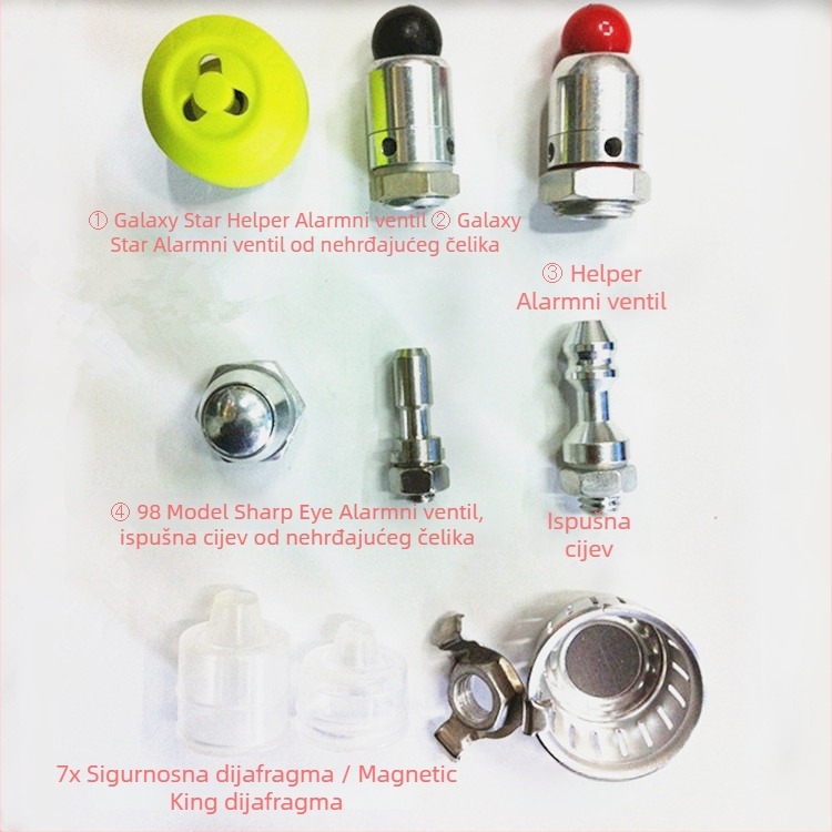 Set ventila za lonac pod pritiskom: gumeni omotač ventila, ventil za ispuštanje, aluminijski sigurnosni ventil i ispušna šipka