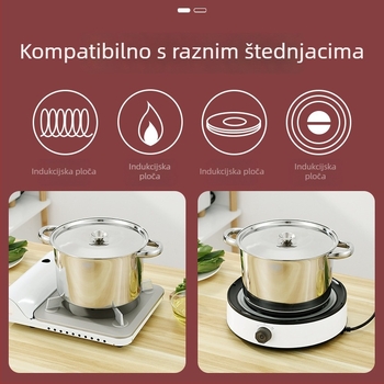 Velika posuda od nehrđajućeg čelika s dvostrukim držačima, za juhe, bebinu hranu i instant rezance; kompatibilna s indukcijskim pločom.