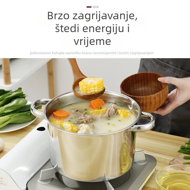 Velika posuda od nehrđajućeg čelika s dvostrukim držačima, za juhe, bebinu hranu i instant rezance; kompatibilna s indukcijskim pločom.