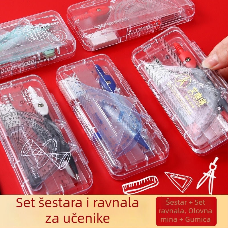 Sedmeročlani set kompasa i ravnala za ispite, školski pribor, uključuje 2B olovku, gumicu i gel olovku
