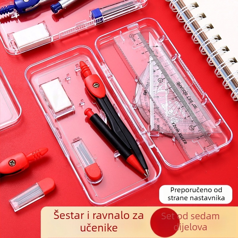 Sedmeročlani set kompasa i ravnala za ispite, školski pribor, uključuje 2B olovku, gumicu i gel olovku