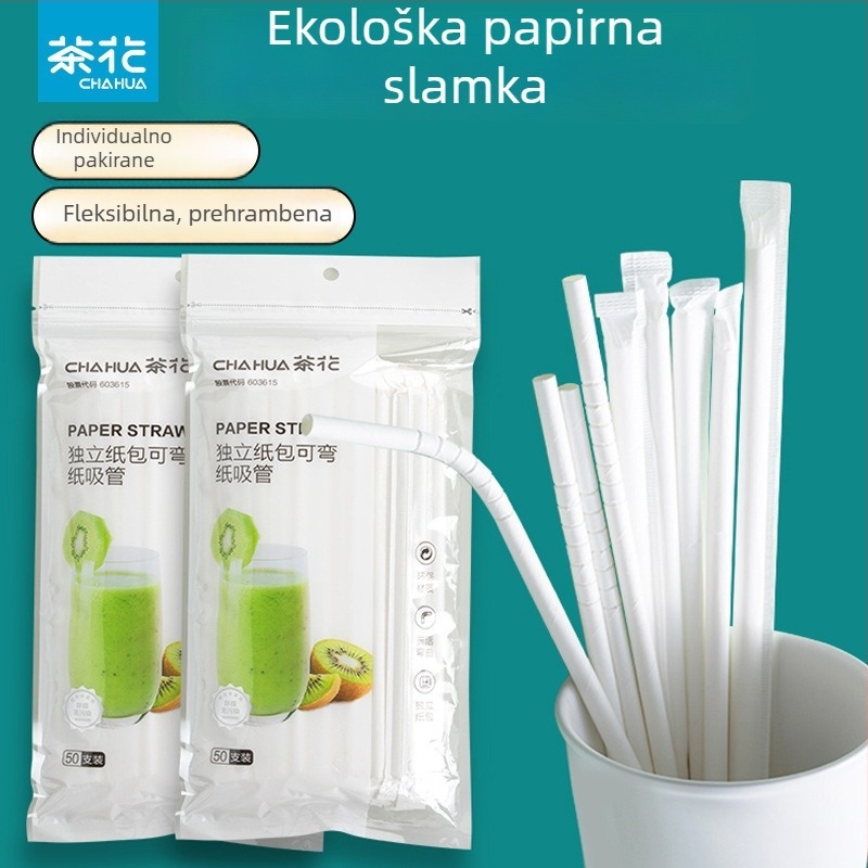 Camellia jednokratna papirnata slamka, neovisno pakiranje, savitljiva, biorazgradiva, zakrivljena slamka za pića i mliječni čaj