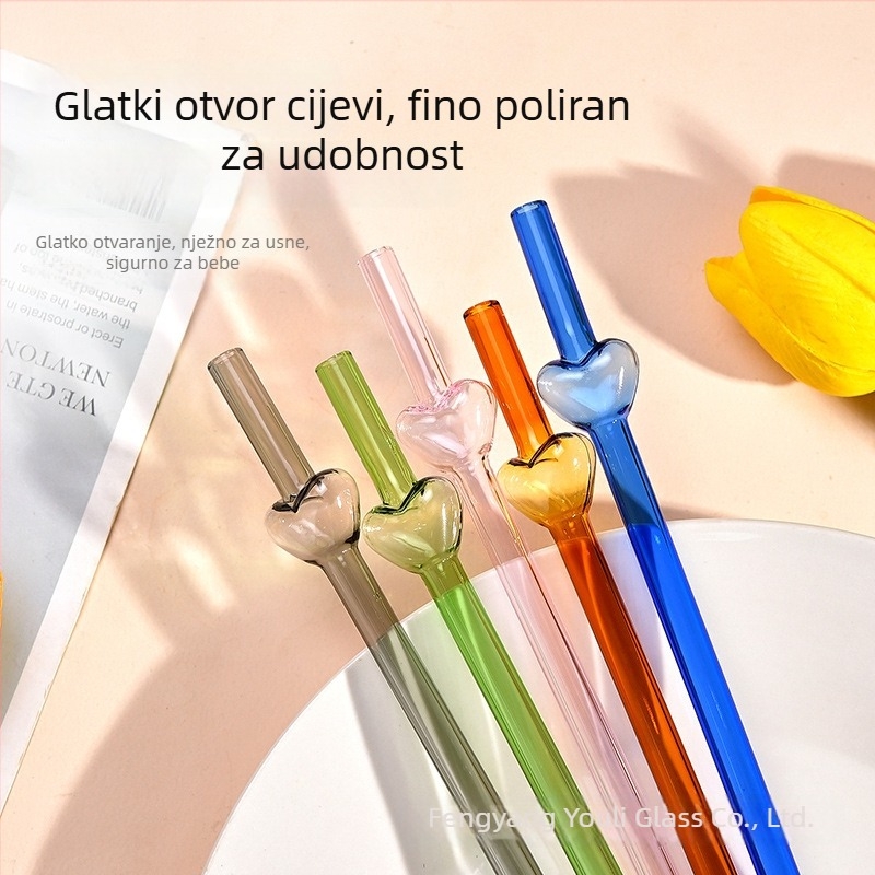 Prozirne staklene slamke u obliku srca od borosilikatnog stakla, otporne na toplinu, set ravnih cijevi 2+1 komada