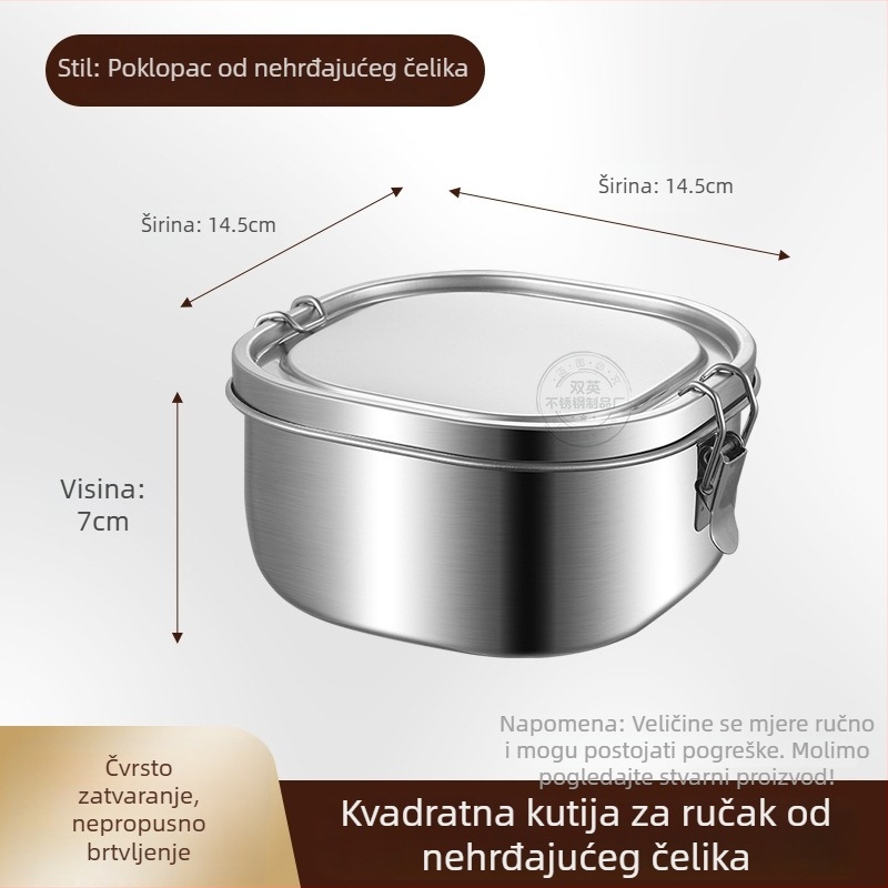 Kvadratna kutija za ručak od 304 nehrđajućeg čelika, s dvostrukim kopčama, izolirana, za ured i školu