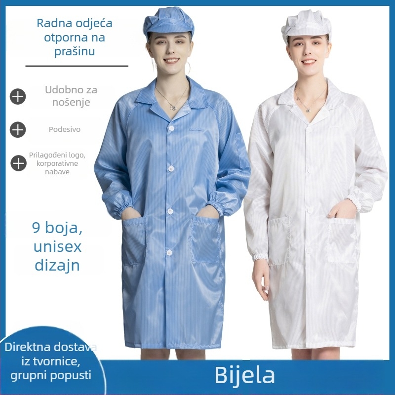 Antistatni dugi radni mantil za čiste prostore, unisex, plavo-bijeli