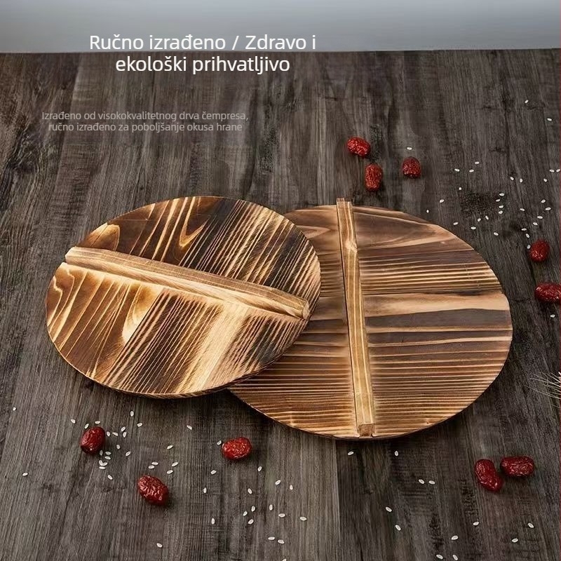 Tradicionalni ručno izrađeni željezni lonac s poklopcem, poklop od jelovog drveta, okrugli veliki poklopac za kućnu uporabu