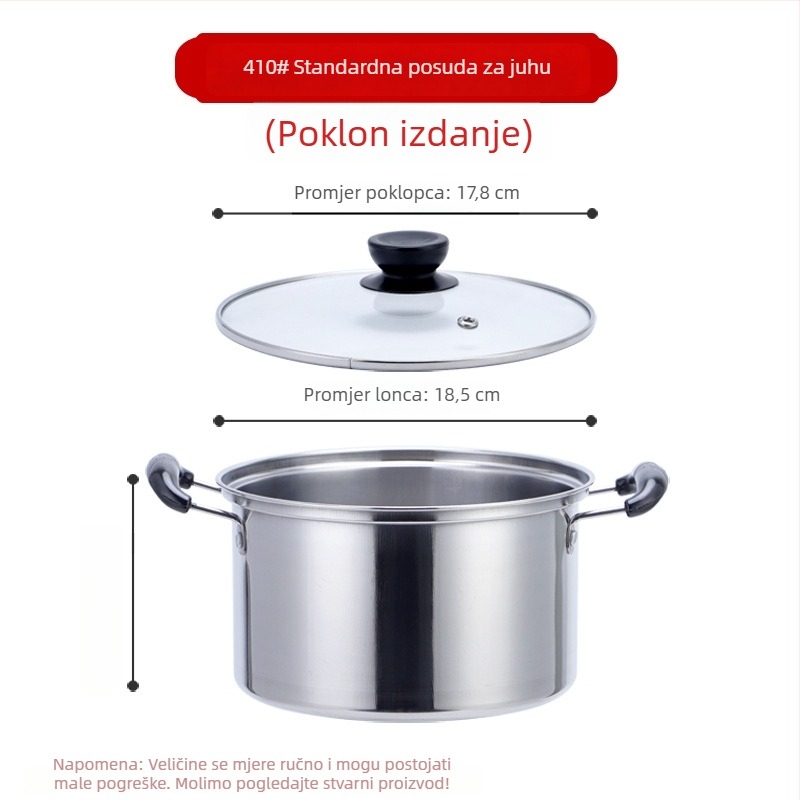 Nerđajući čelik, lonac za juhu sa ravnim stranama, mali lonac s dvije ručke, američki stil visok lonac, kompatibilan s indukcijom, promjer 20 cm, zapremina 1,1–2 L, poklopac od kaljenog stakla