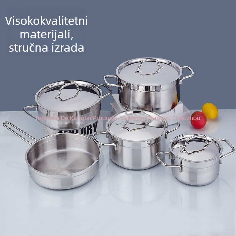 Set posuđa od nehrđajućeg čelika s pet slojeva dna, 9 komada, lonac za juhu s dvjema ručkama, bez premaza, pogodan za indukciju
