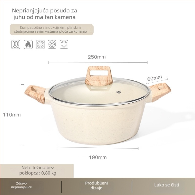 Neprijanjajući lonac za juhu i gulaš od Maifan kamena, debelo dno, pogodan za indukciju i plin