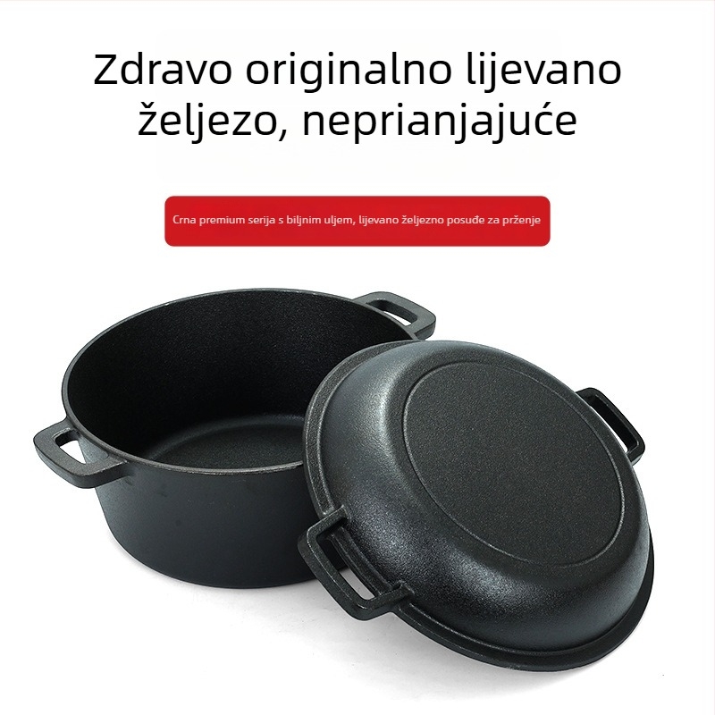 Nepremazana lijevana posuda 26 cm – dvostruka namjena za juhe, dinstanje i prženje, kompatibilna s indukcijom