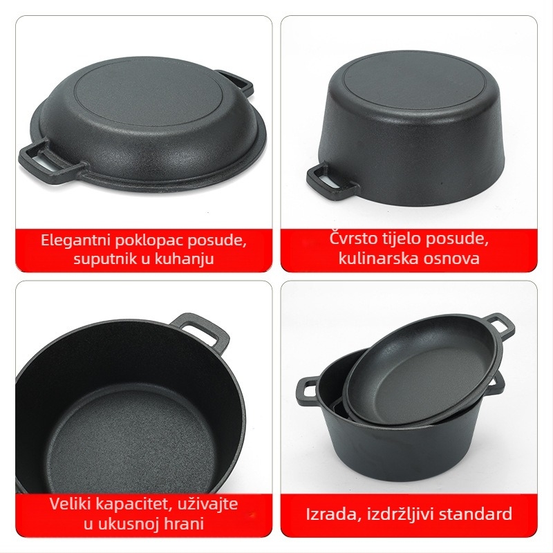 Nepremazana lijevana posuda 26 cm – dvostruka namjena za juhe, dinstanje i prženje, kompatibilna s indukcijom