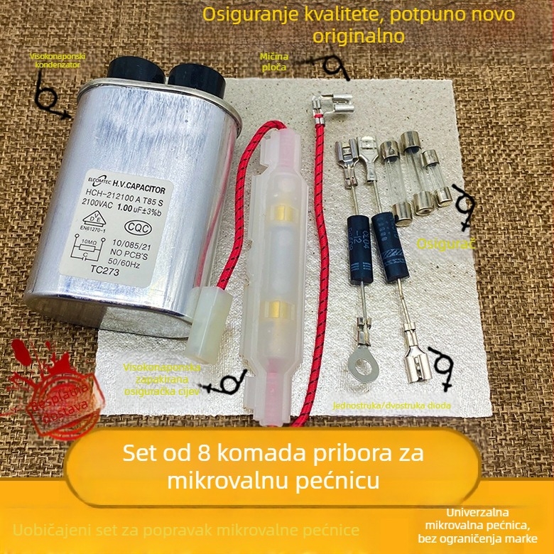 Set dodataka za mikrovalnu pećnicu: univerzalni visokovoltni kondenzator, visokovoltna osigurica, dvostrana dioda, mica pločica, 8-dijelni set