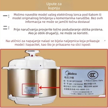 Ventil za ispu zraka i ograničenje tlaka za Midea električni lonac s tlakom, modeli MY-YL50M113, YL50V103, MY-YL50M112