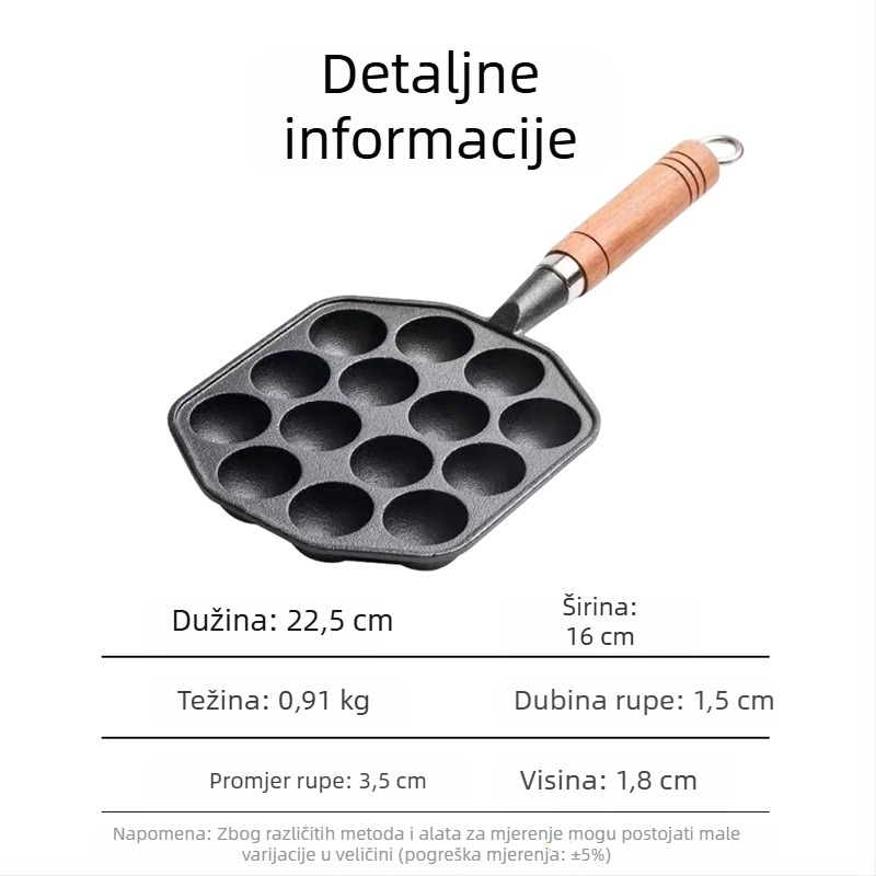 Takoyaki tava od lijevanog željeza za kućnu upotrebu, neprijanjajući, bez premaza, za plinski štednjak, kalup za prepelice jaja
