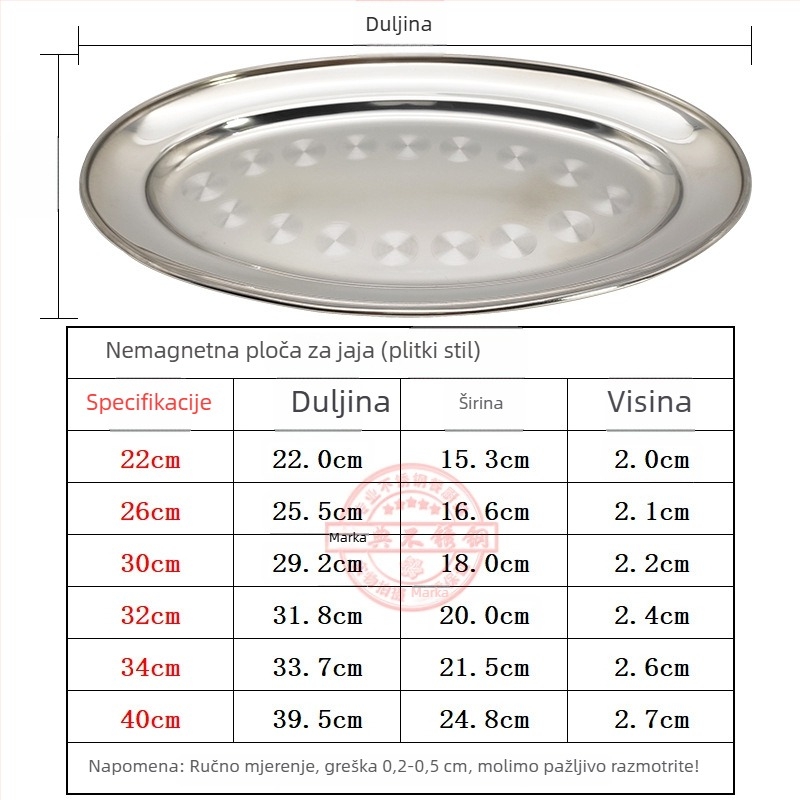 Ovalni debeli tanjur od nehrđajućeg čelika, nemagnetičan, za jaja, ribu i dim sum