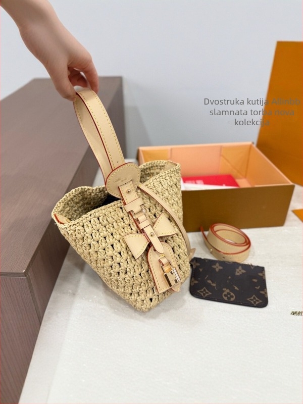 Ženska torbica od slame 2025, mini vedro torba, pletena preko ramena, ljetna plažna torba