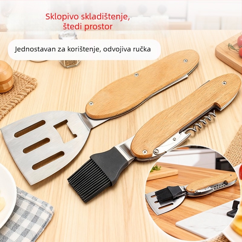 4-u-1 set alata za roštilj s klipsom, četkom, vilicom i lopaticom - nehrđajući čelik, prijenosni vanjski grill set