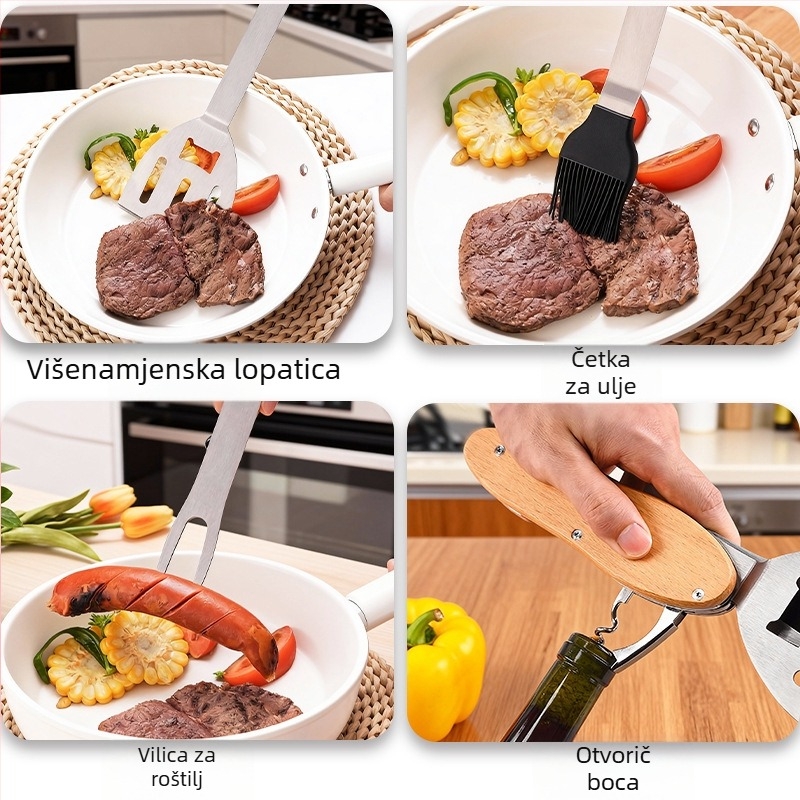 4-u-1 set alata za roštilj s klipsom, četkom, vilicom i lopaticom - nehrđajući čelik, prijenosni vanjski grill set