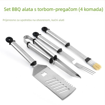 Prijenosni vanjski set za roštilj, 4 dijela: pregača s torbom, četka, spatula i vilica