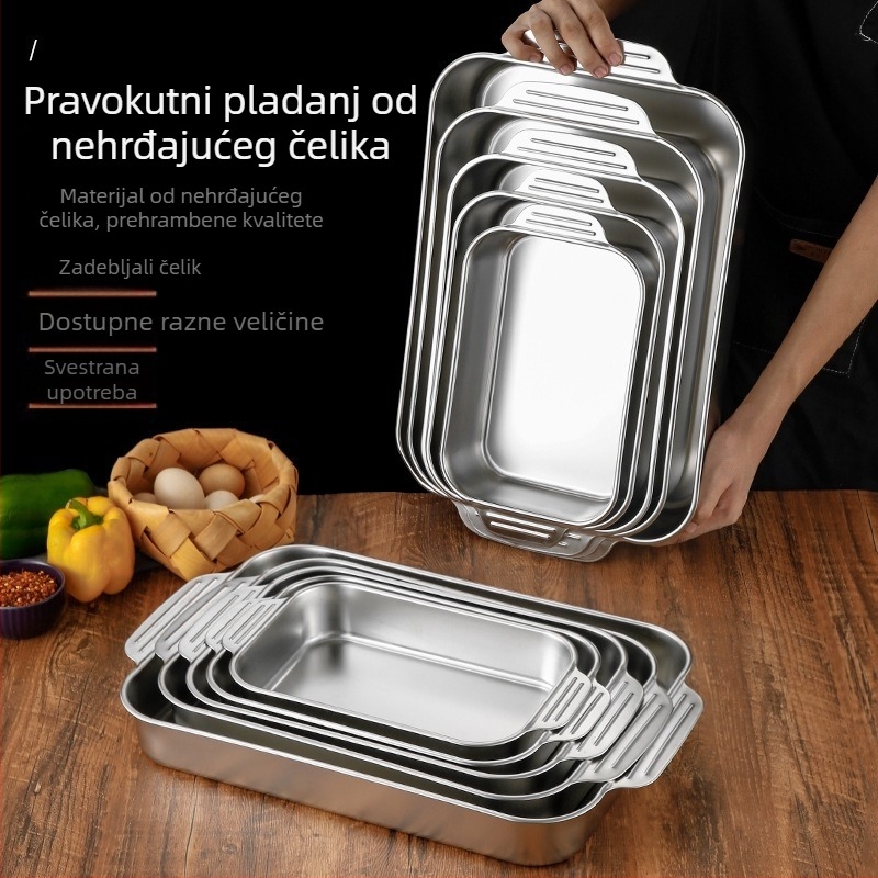 Nehrđajući čelik, pravokutna tava s držačima, ravno dno, za pečenje ribe, pladanj za plodove mora, pladanj za vruću posudu, stolni pladanj