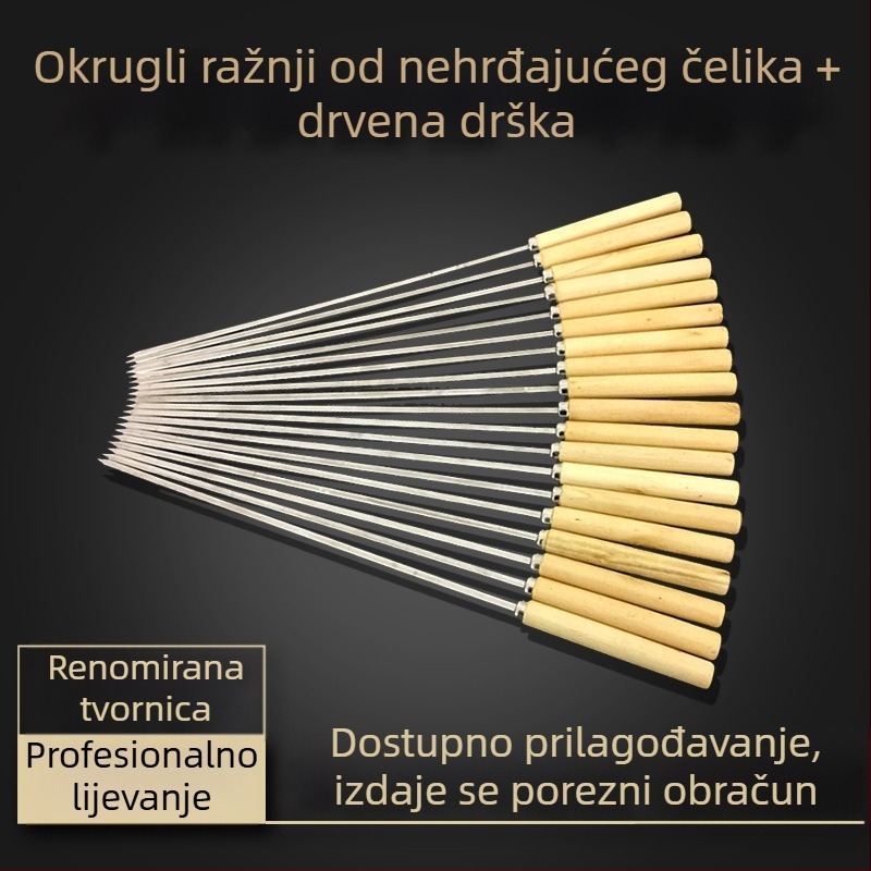 Nerđajući čelični ražnjići s držačima za roštilj, janjetinski ražnjići i drveni okrugli ražnjići za kobasice