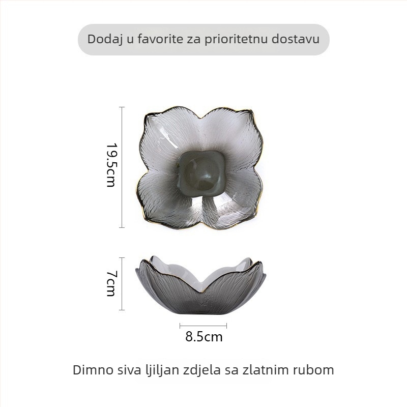 Nova staklena zdjela s pozlaćenim rubom, oblik ljilana s laticama, zdjela s ribljom repom, jantarno staklo s motivom drveta, pogodna za voće i salate u dnevnom boravku.