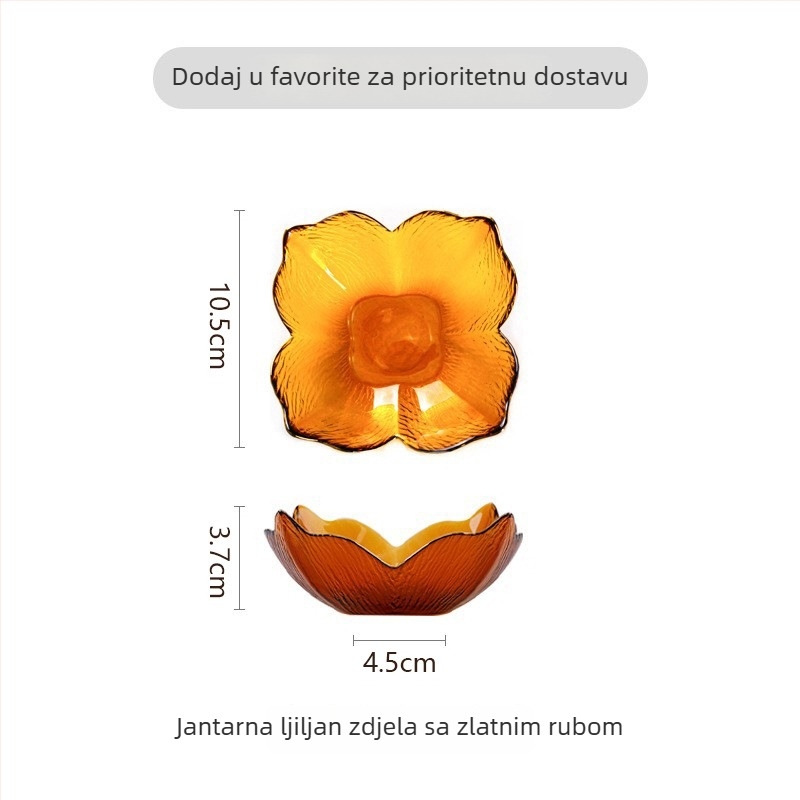 Nova staklena zdjela s pozlaćenim rubom, oblik ljilana s laticama, zdjela s ribljom repom, jantarno staklo s motivom drveta, pogodna za voće i salate u dnevnom boravku.