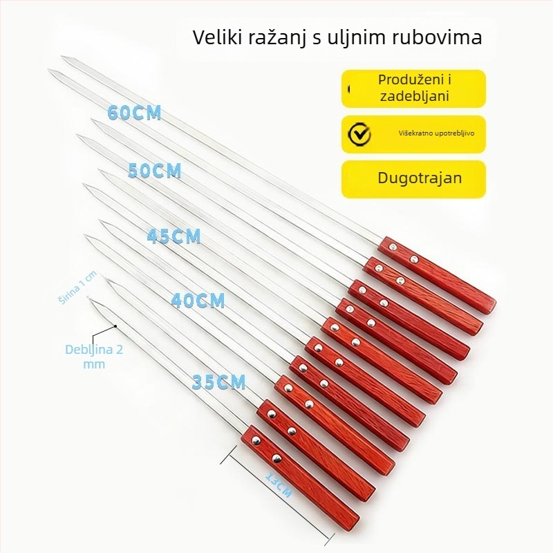 Prilagođeni roštiljski ražnjići s drvenom drškom, nehrđajući plosnati ražnjići, veliki ražnjići za jagnjetinu