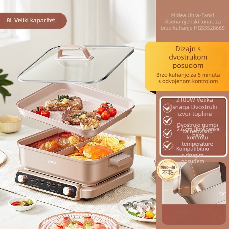 Midea ultra-tanki električni lonac za brzu kuhanje, 8 L, podijeljeni Yin-Yang lonac, višefunkcionalan, LCD zaslon