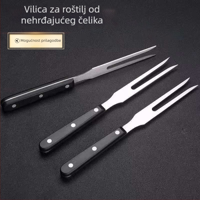 Vilica od nehrđajućeg čelika, jednodijelna, s dugim drvenim držačem za roštilj