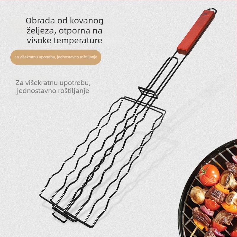 Nehrđajući čelični grill rešet s drvenom drškom, za kampiranje, klip za kobasice i hot dog