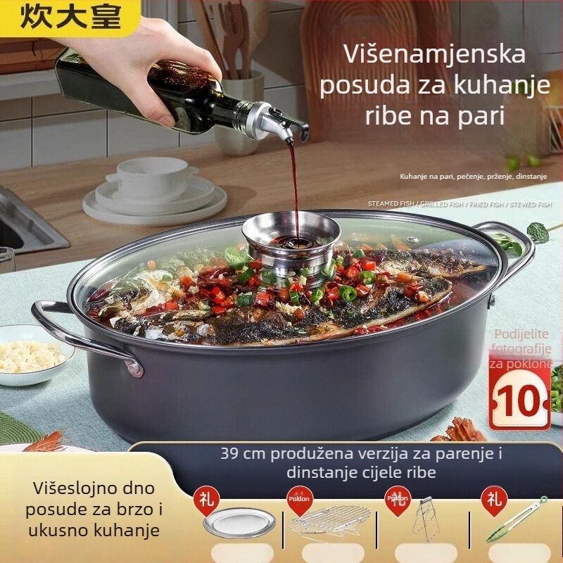 Ovalni višenamjenski parni lonac za kućnu upotrebu, idealan za morsku hranu i ribu, duboki lonac za paru s velikim kapacitetom