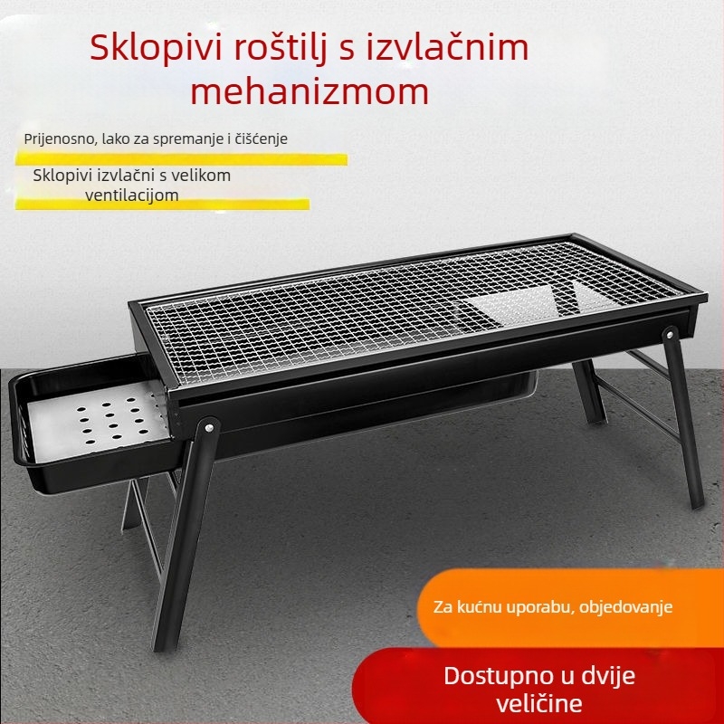Sklopivi roštilj od nehrđajućeg čelika za vanjsku uporabu – kompletan set alata za roštilj, ražnjići i rešetka