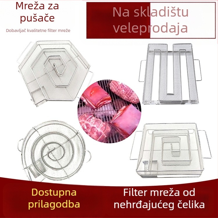 Gril mreža u obliku šesterokuta, kružnica i kvadratna – generator hladnog dimljenja, košara za dimljenje i mreža za BBQ slaninu