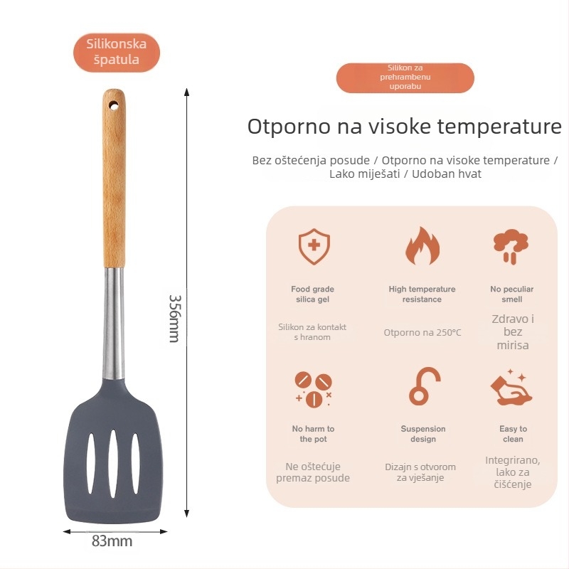 Set silikonskih špatula otpornih na visoke temperature za nepriľjajuće tave – drvena žlica i kuhinjski pribor