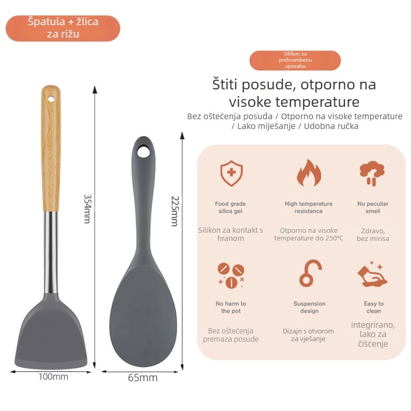 Set silikonskih špatula otpornih na visoke temperature za nepriľjajuće tave – drvena žlica i kuhinjski pribor