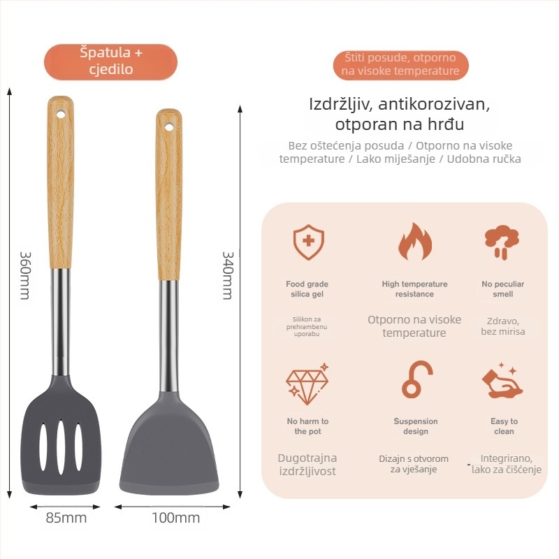 Set silikonskih špatula otpornih na visoke temperature za nepriľjajuće tave – drvena žlica i kuhinjski pribor