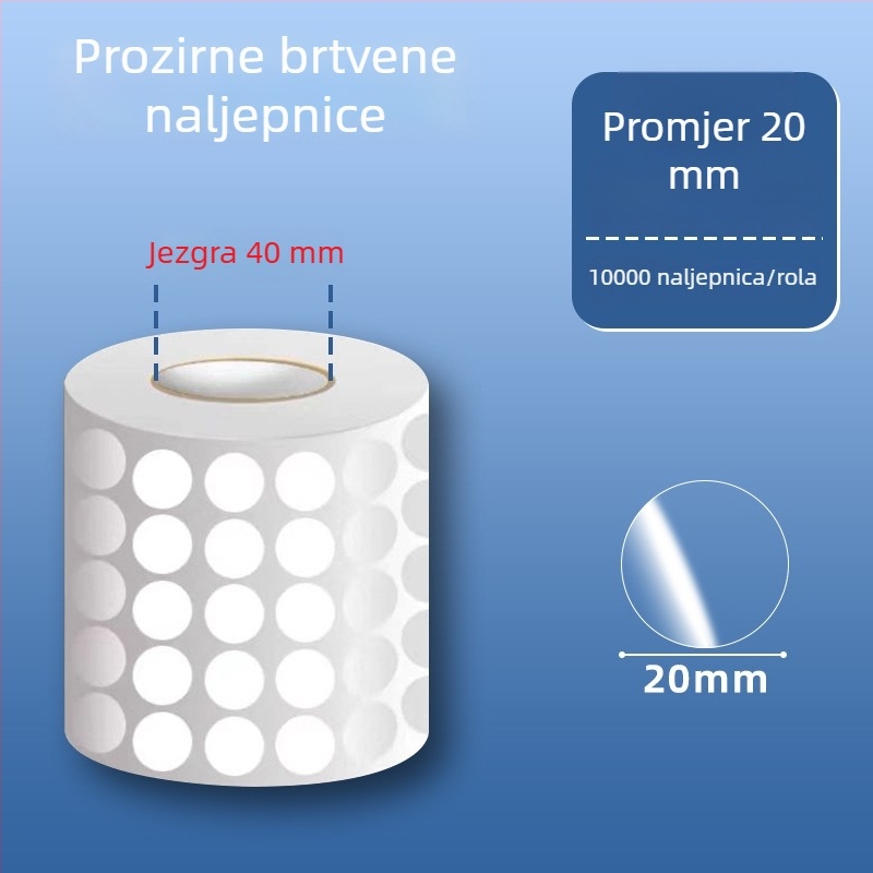 Prozirne kružne PVC samoljepljive naljepnice, vodootporne, lako se odljepe i mogu se ponovno koristiti, za vanjsku ambalažu i barkodove, promjer 20 mm ili 25 mm, 500 komada po rolni.