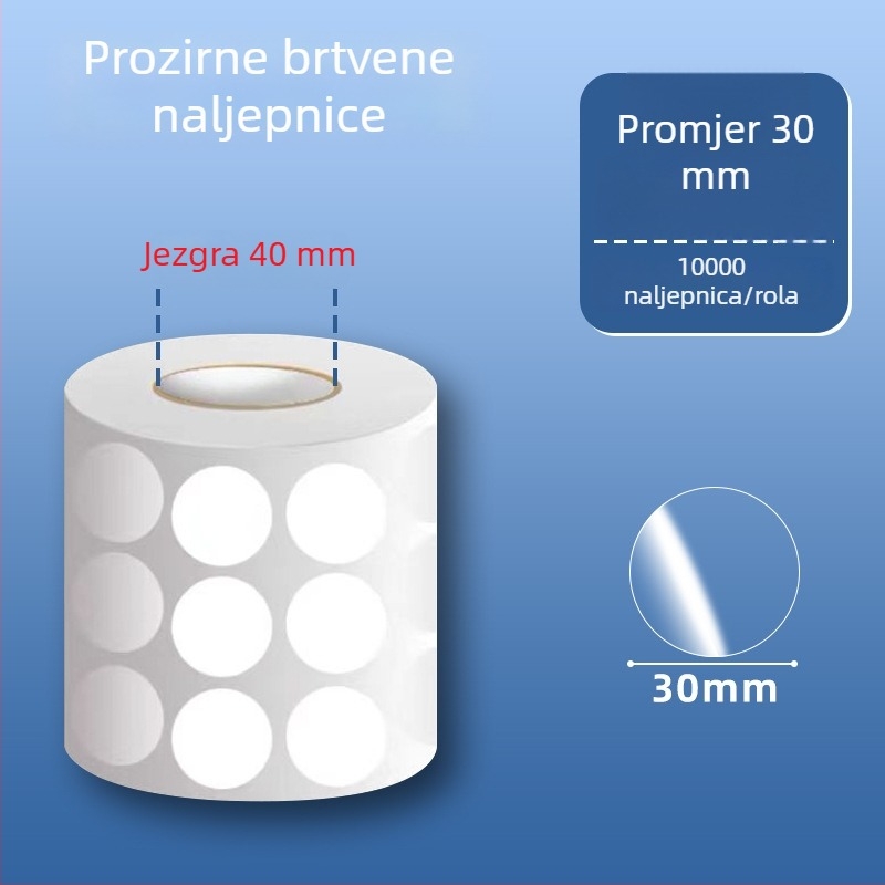 Prozirne kružne PVC samoljepljive naljepnice, vodootporne, lako se odljepe i mogu se ponovno koristiti, za vanjsku ambalažu i barkodove, promjer 20 mm ili 25 mm, 500 komada po rolni.