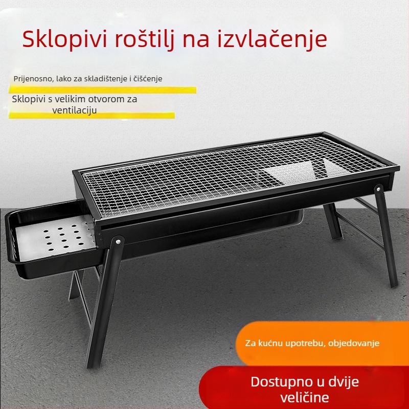 Vanjski roštilj na ugljen za kućnu upotrebu, kompletni set od nehrđajućeg čelika, sklopiva rešetka i ražnjevi